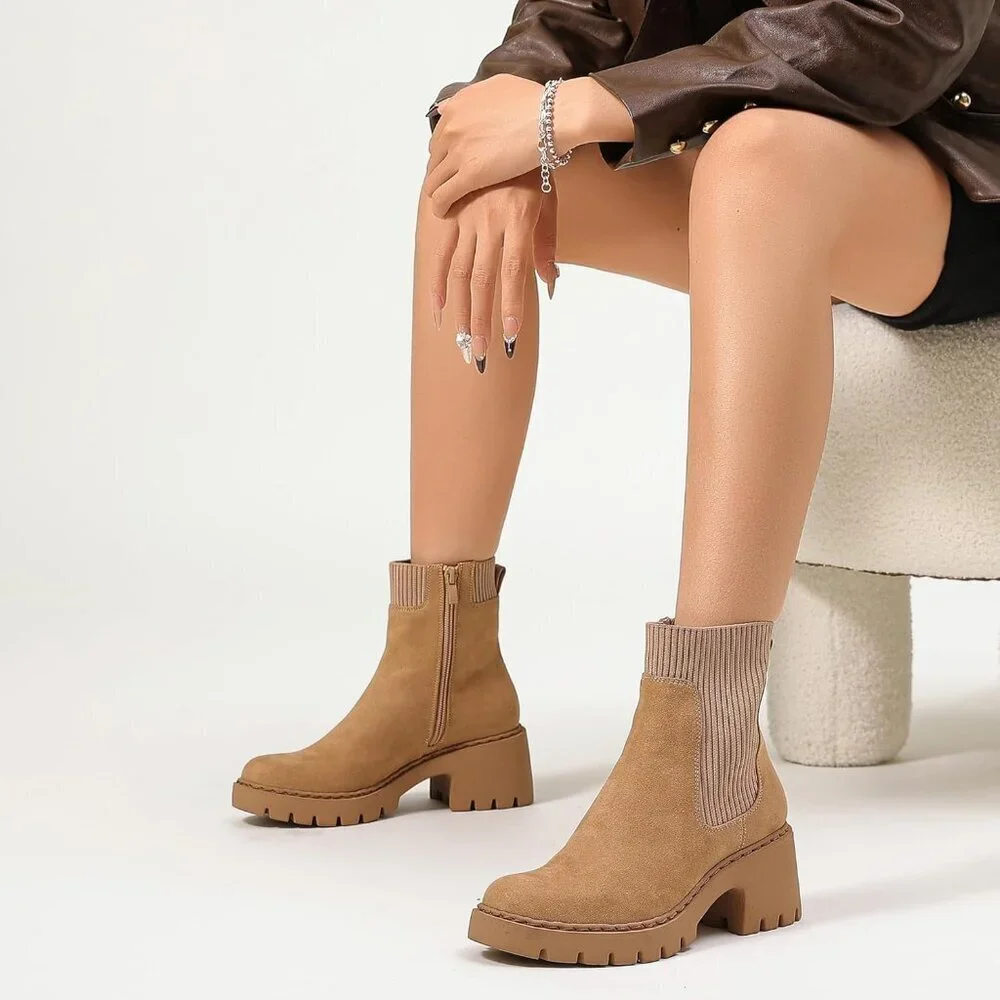 Women's Brown Platform Chelsea Boots Lug Sole Chunky Heel Zipper Slip On